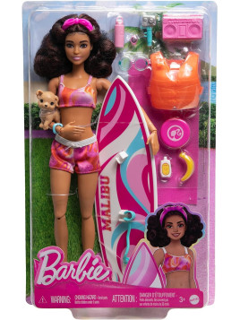 Barbie Coffret Surf Poupée Brune avec chiot HPL69